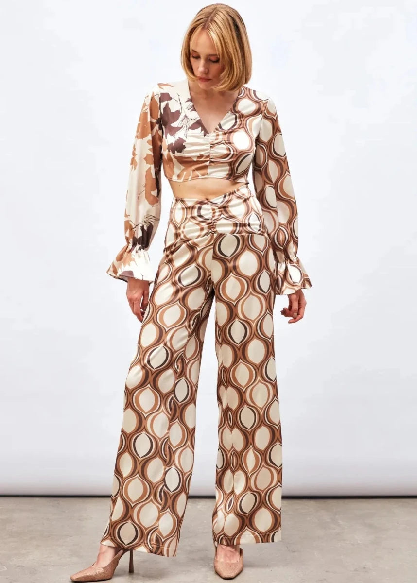 Gaiia Satin Half & Half Printed Co - Ord Set - Beige - GAIIA